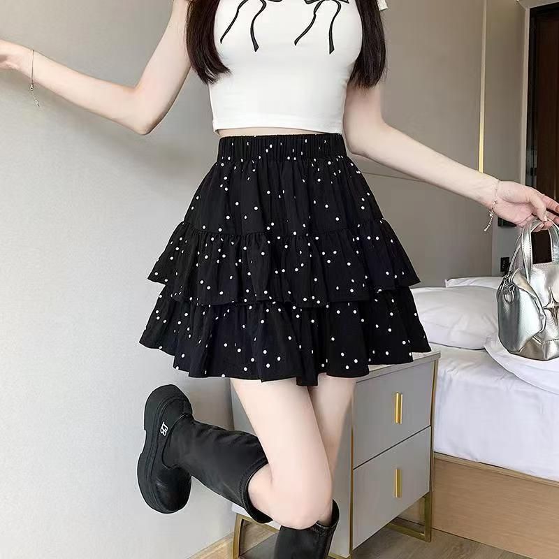 波點蓬蓬蛋糕短裙女2025新款夏季半身裙小個子高腰a字傘裙百褶裙