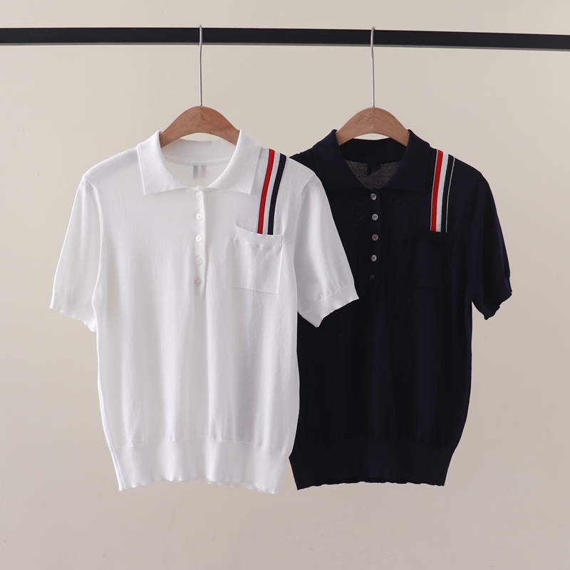 Summer new style college style chest pocket colorful webbing POLO collar pullover short sleeve ice silk knitted T-shirt