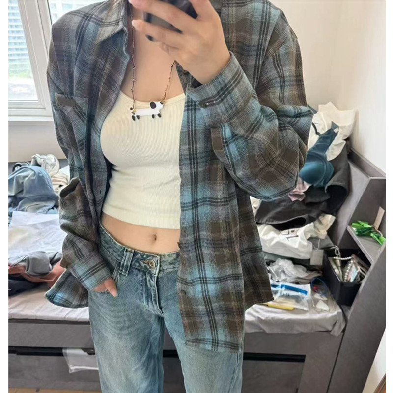 非實拍 美式復古格子襯衫春設計感小眾寬鬆長袖內搭襯衣外套