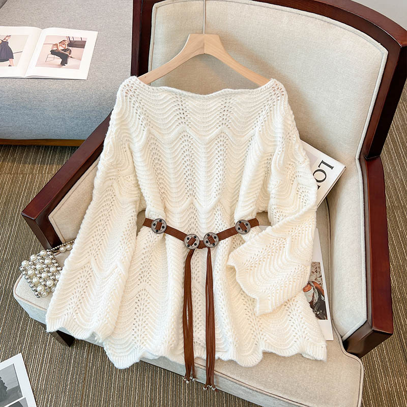 Large size 2025 Spring and Autumn New Fat MM Women's Long Sleeve Solid Color Fashionable Age Reducing Belt Waist Slimming Knitted Sweater