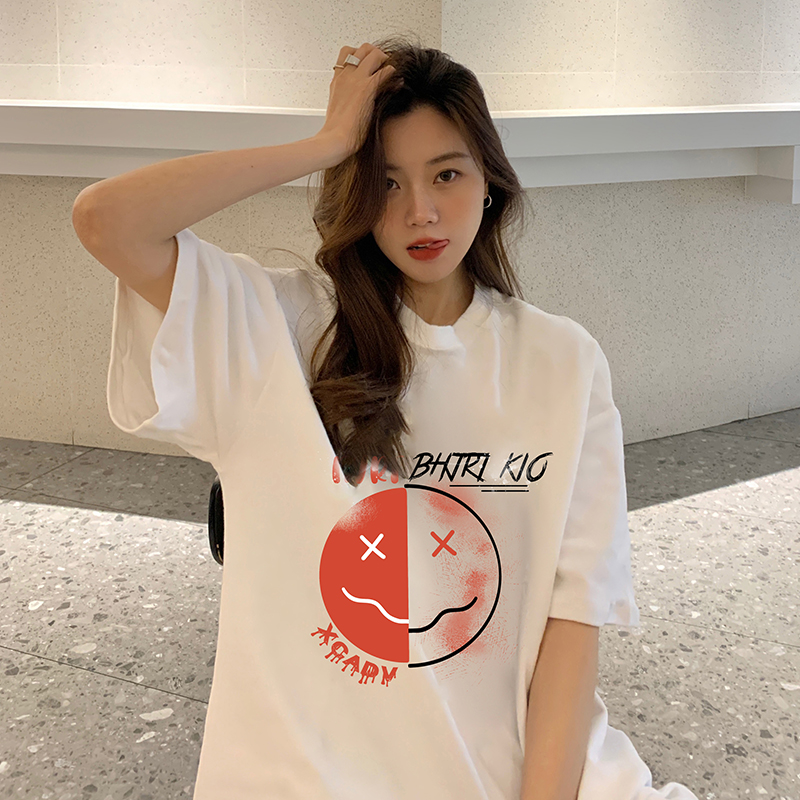 Real shot of 100% pure cotton summer dopamine outfit loose mid-length personalized printed short-sleeved T-shirt for women and women