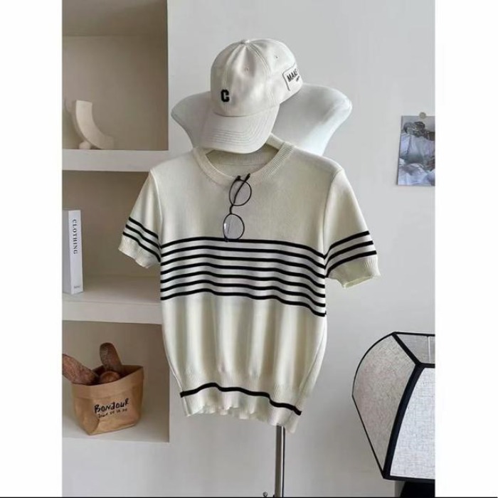 Old Qian style dressing embroidered sweater spring and summer new striped classic shirt versatile top thin quality women