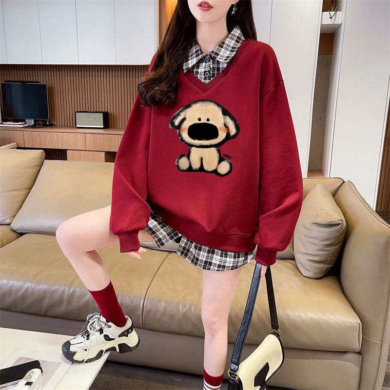Real shot of plaid polo neck fake two-piece sweatshirt for women's new spring and autumn fashionable age-reducing loose design top