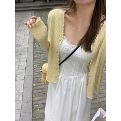 Lazy style wood ears solid color V-neck knitted cardigan for women simple and versatile single-breasted long-sleeved base top