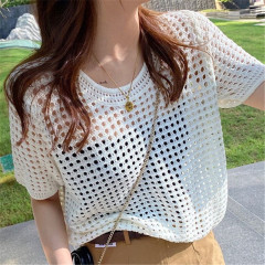 Knitted short-sleeved women's summer hollow versatile new thin ice silk loose pullover sunscreen blouse small top
