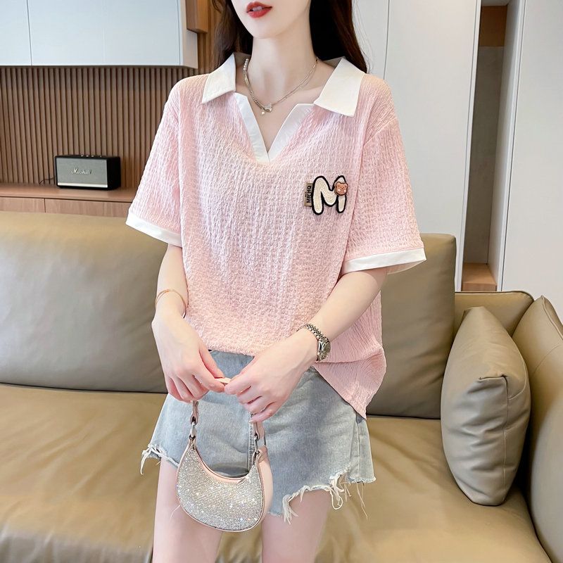 Real shot jacquard pleated polo collar short-sleeved T-shirt women's new summer loose design plus-size top