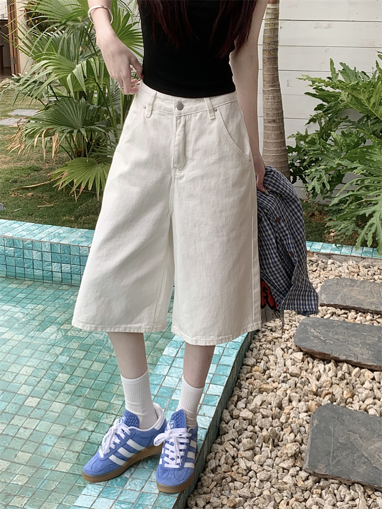 實拍 ~美式復古牛仔短褲女夏季直筒闊腿a字高腰七分褲中褲