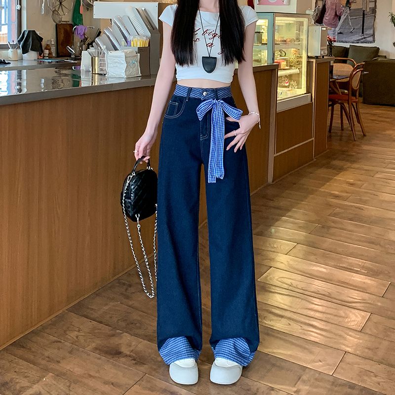 Real photo 2025 summer new style spliced ​​loose wide-leg jeans for women with bow straps straight floor pants