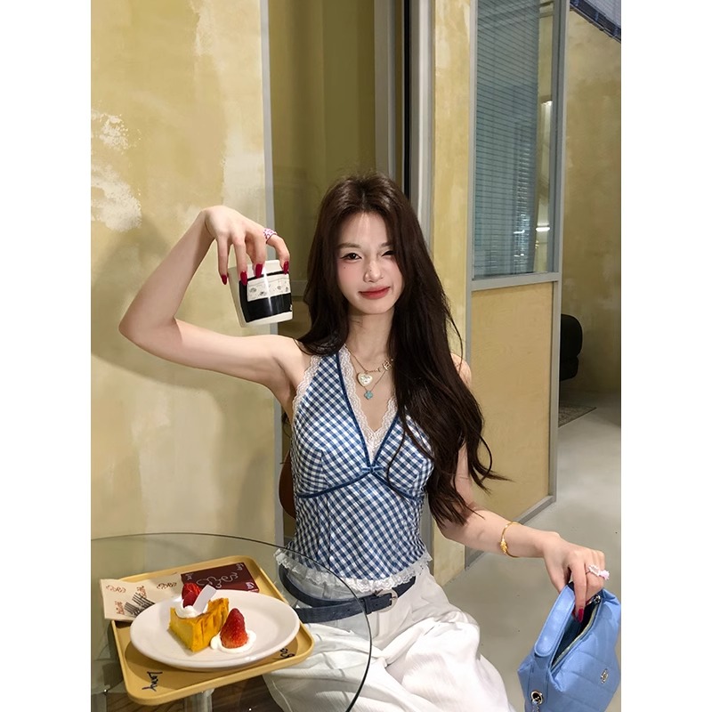12YE 藍色辣妹背心吊帶女夏季小眾設計性感蕾絲格紋掛脖上衣外穿