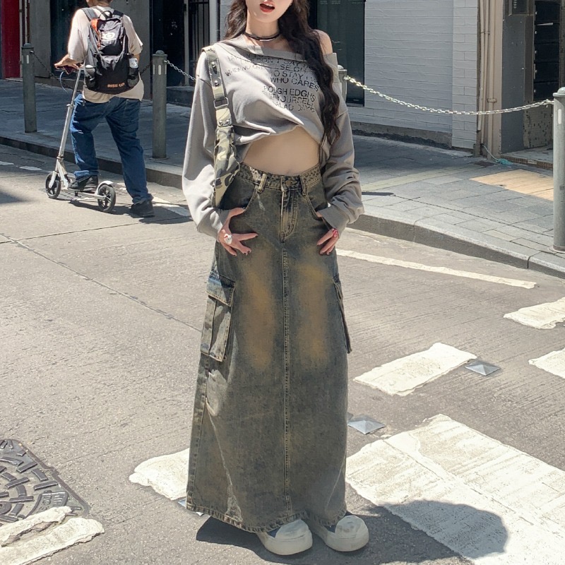 韓國chic美式復古口袋牛仔裙女春季2025新款高腰顯瘦百搭a字長裙