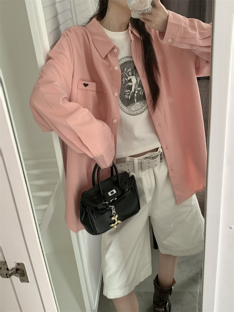 實拍 春款長袖襯衫女簡約甜美內搭襯衣設計感寬鬆上衣外套潮