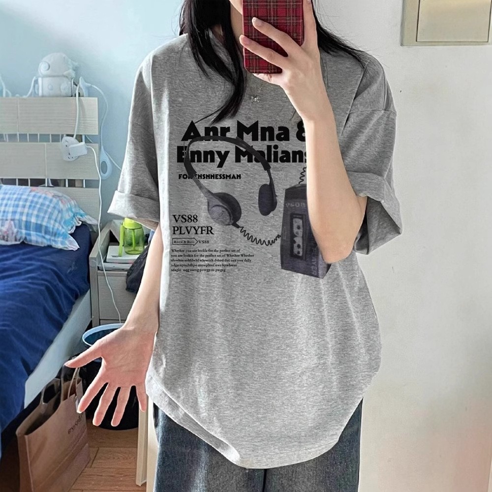 韓國chic純棉後包領2025夏季新款韓版美式印花寬鬆版短袖T恤女潮