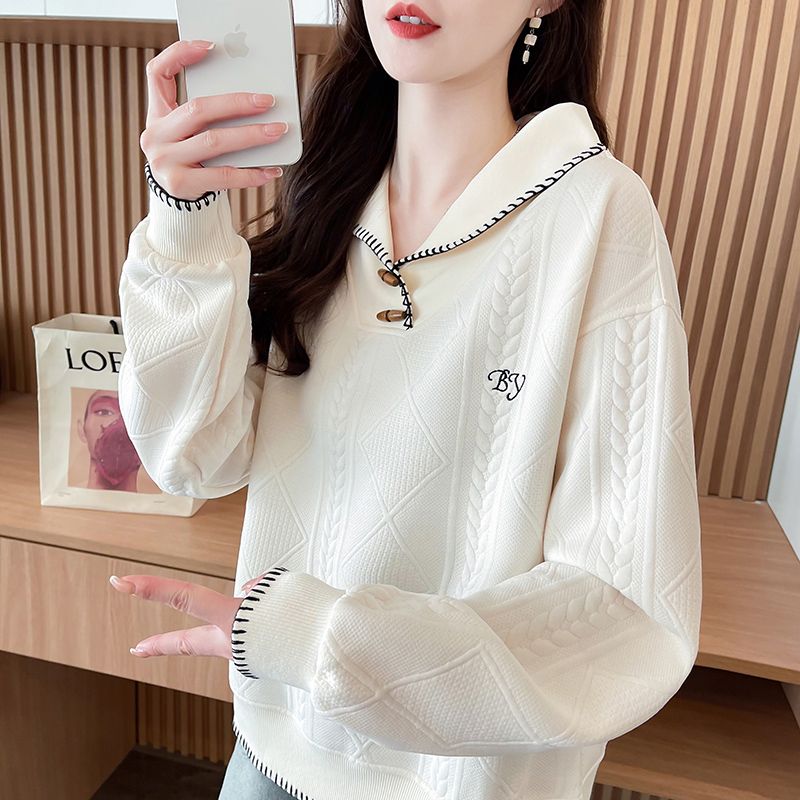 Real shot of polo neck jacquard sweatshirt for women's new spring and autumn fashionable age-reducing loose design top trendy