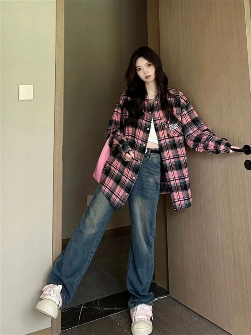 American retro sweet and cool plaid long-sleeved shirt for women in spring and autumn 2025 new design niche loose shirt jacket