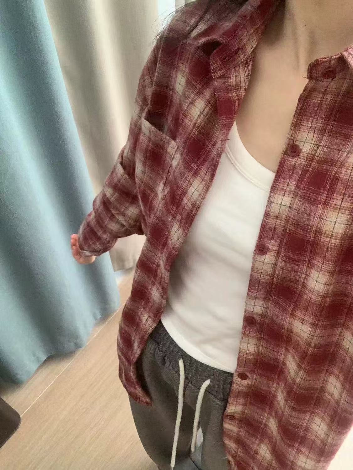 非實拍 春新款慵懶溫柔風寬鬆休閒紅色格子襯衣長袖外穿上衣