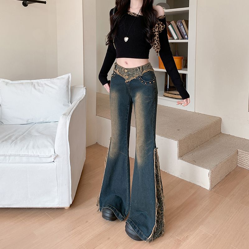Real shot~ Washed old retro hot girl jeans low-waisted rose spliced ​​denim rosy rosy trousers
