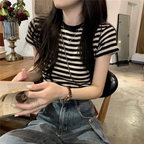 純棉 韓國chic夏季新款韓版修身顯瘦辣妹條紋短袖t恤女百搭上衣潮