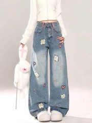 American retro cartoon embroidered wide-leg jeans for women in spring and autumn 2025 new style design loose straight pants