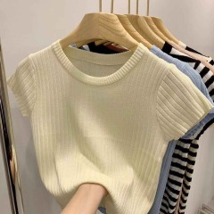 Knitted short-sleeved T-shirt for women in autumn, winter and autumn pit strip design niche short short sleeve round neck ins chic top trendy