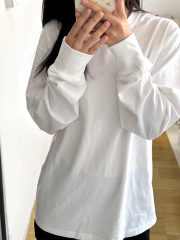 Pure cotton round neck long-sleeved T-shirt for women in spring, autumn and winter white layered tops solid color basic loose inner base shirt