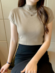 Large version of new black short-sleeved knitted women's new summer sleeveless half-high neck short ice silk T-shirt top