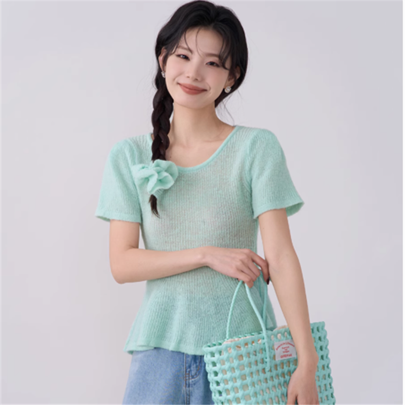 Flower field window HTmeme foggy forest sweet candy color small skirt short sleeve knitted sweater hair loop women's top