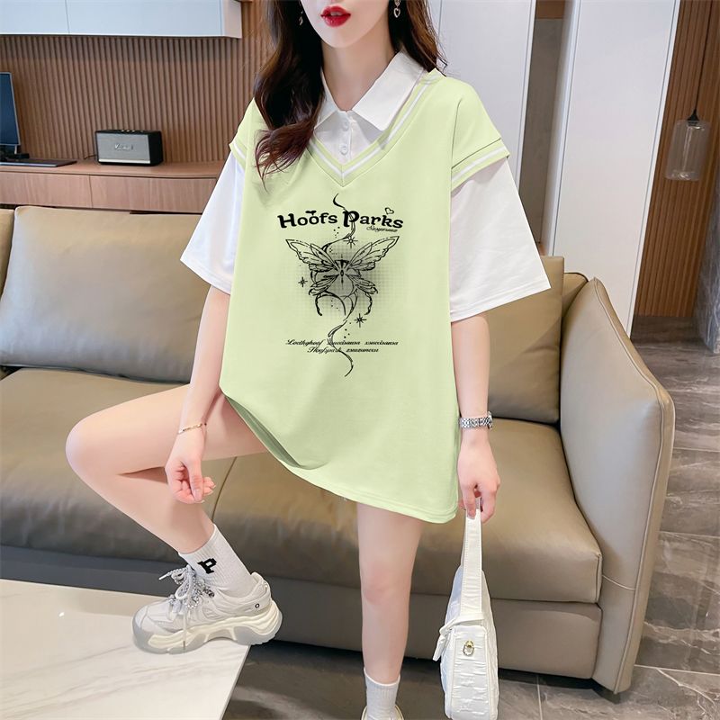 Real shot of polo neck fake two-piece T-shirt large-size women's new summer fashionable age-reducing loose short-sleeved top trendy