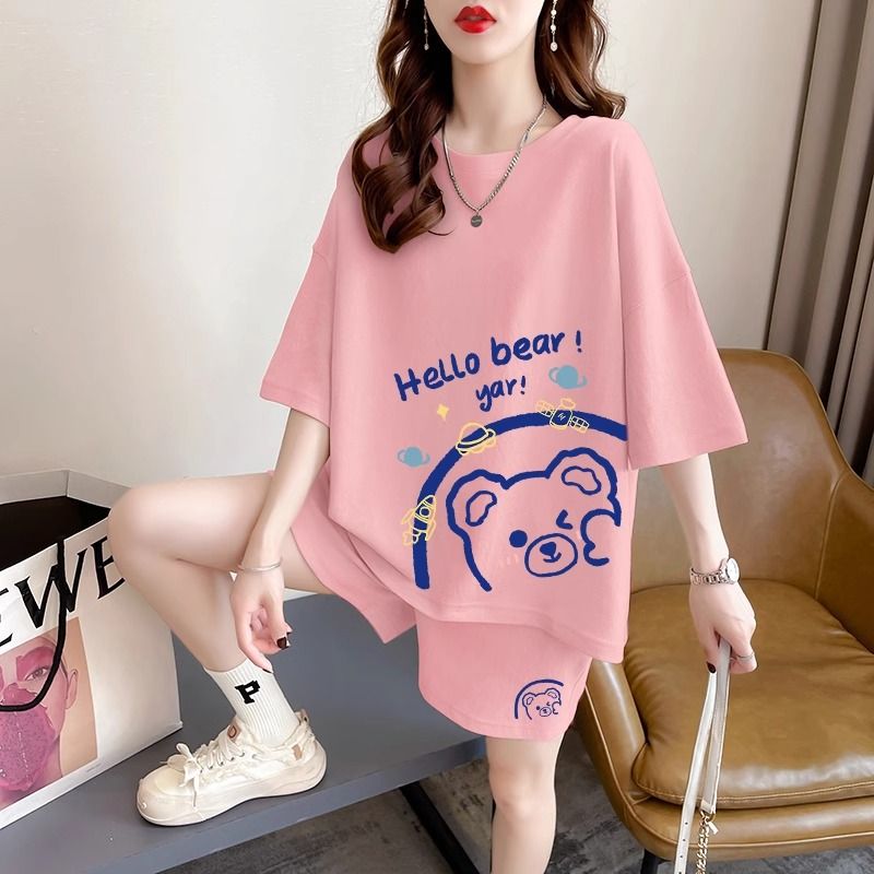 Real photos and smooth cotton casual sportswear suits for summer new style student shorts T-shirts large size two-piece set women's fashion