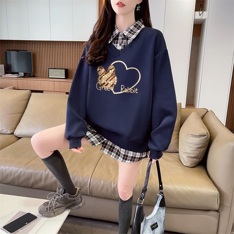 Real shot of plaid polo neck fake two-piece sweatshirt for women's new spring and autumn fashionable age-reducing loose design top