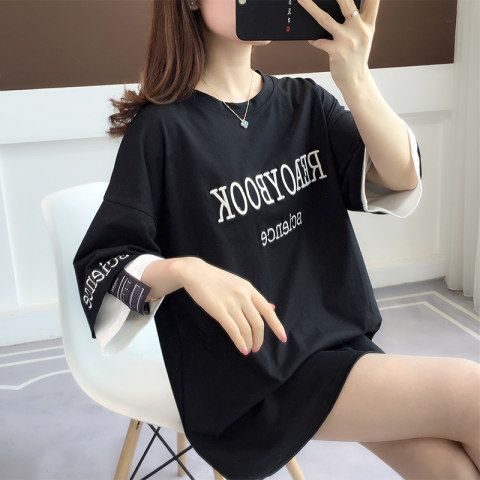 2025年新款夏季大碼女裝字母刺繡假兩件拼色短袖T