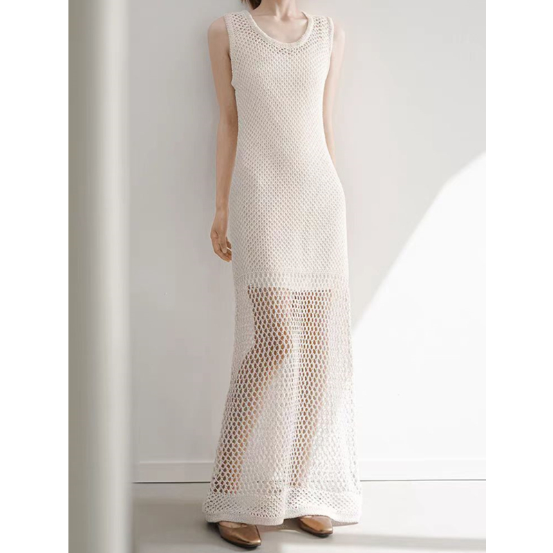 Sleeveless solid color sexy hollow mesh knitted vest dress slim long skirt