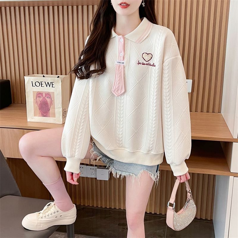 Real shot of polo neck jacquard sweatshirt for women's new spring and autumn fashionable age-reducing loose design top trendy