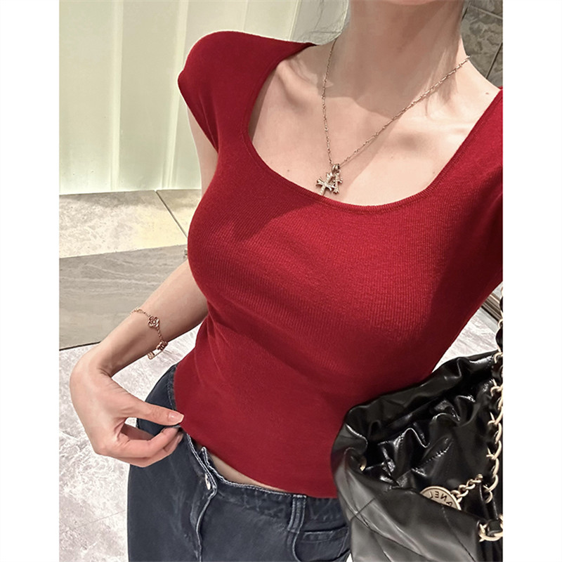 Original square neck short-sleeved knitted red T-shirt for women in summer hot girls tight short slim base shirt top