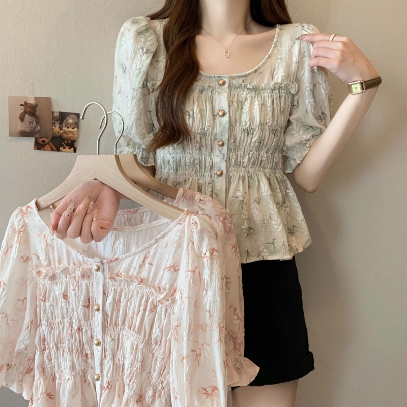 Large size method to try small fresh floral short-sleeved chiffon shirt for women's summer design with ruffled waist and slimming shirt