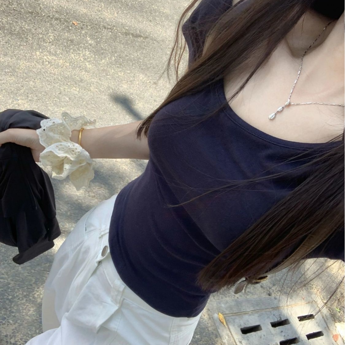 韓國chic夏季新款欲短袖T恤女簡約高級感純色修身顯瘦百搭上衣潮