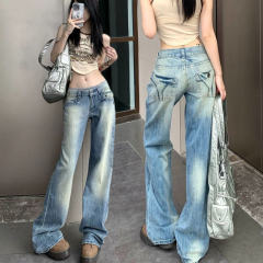 設計感闊腿牛仔褲女春高腰顯瘦寬鬆梨形身材美式高街復古直筒褲子