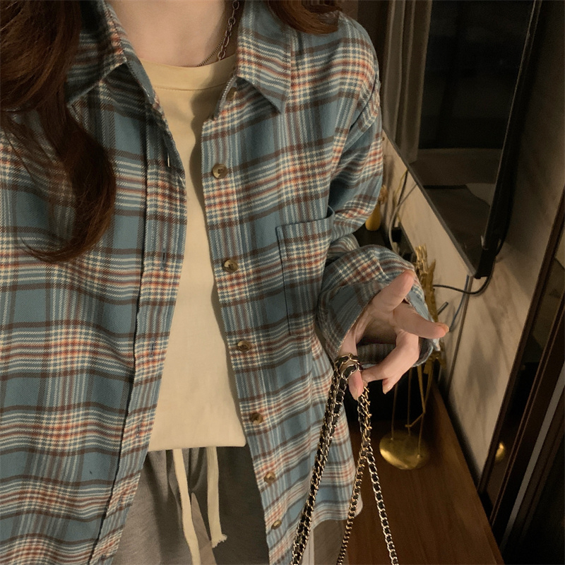 實拍 襯衫女法式氣質內搭格子襯衣外套寬鬆中長款長袖上衣服