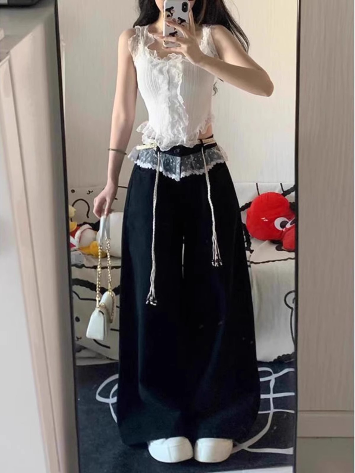 2025 summer new Korean suit waist #lace splicing niche design jeans high-end trousers