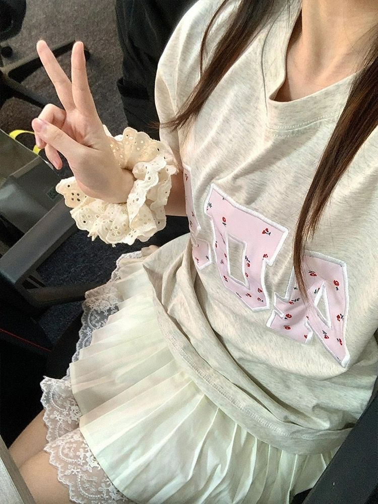 純棉 韓國chic夏季新款韓版寬鬆字母貼布刺繡短袖t恤女百搭上衣