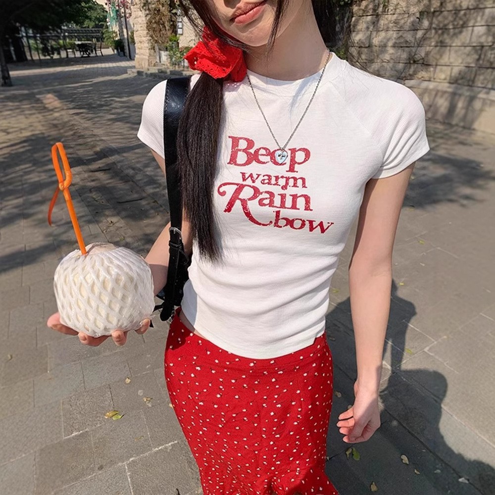 韓國chic純棉後包領夏季新款韓版美式印花修身高彈辣妹短袖T恤女