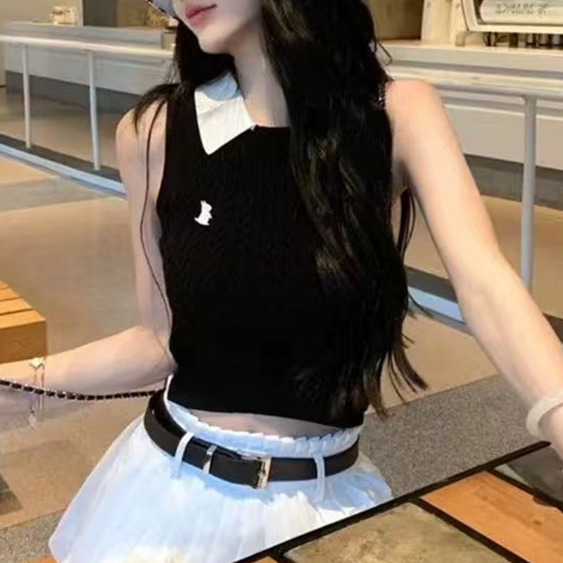 非實拍 美式甜美獨特别致純欲辣妹夏季新款撞色針織背心上衣