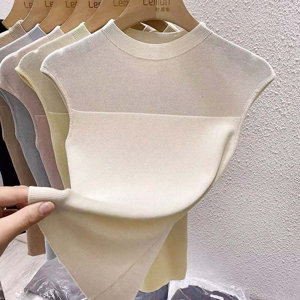Sleeveless mesh splicing vest for women early spring ice silk knitted short sleeve bottoming design niche outer top