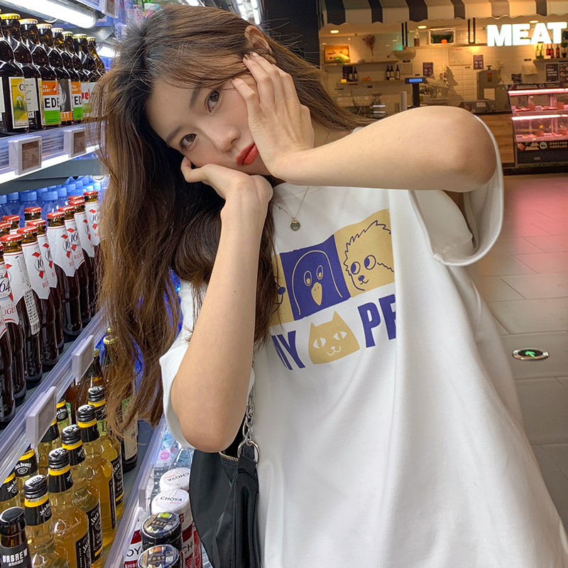 Real shot 200g pure cotton summer 2025 new loose casual animated printed short-sleeved T-shirt for women