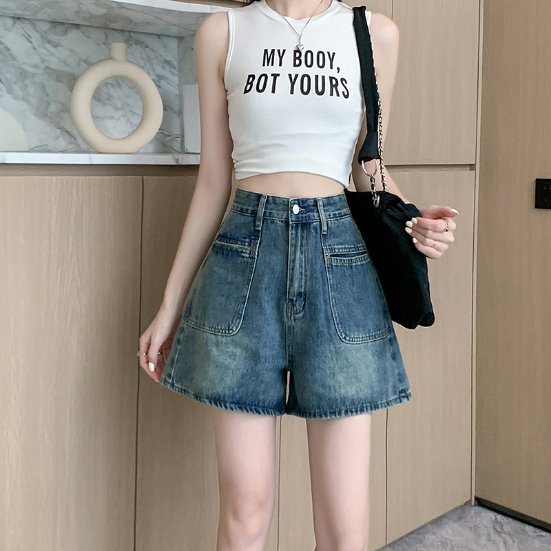 Real shot~ New summer high-waist denim shorts for women loose design niche retro wide-leg A-line hot pants