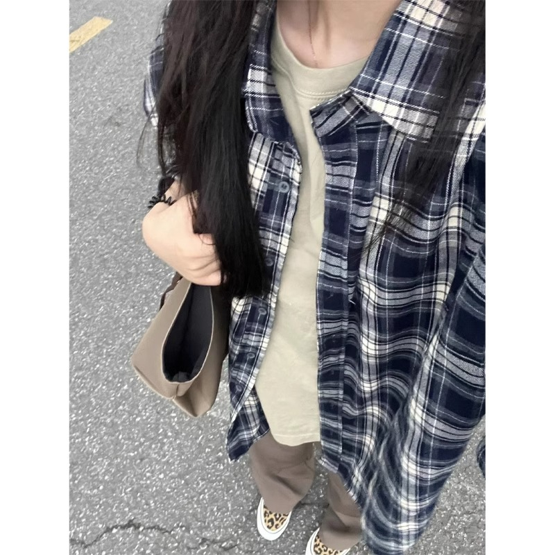 非實拍 復古襯衫春夏寬鬆顯瘦慵懶休閒格子防曬襯衣外套上衣