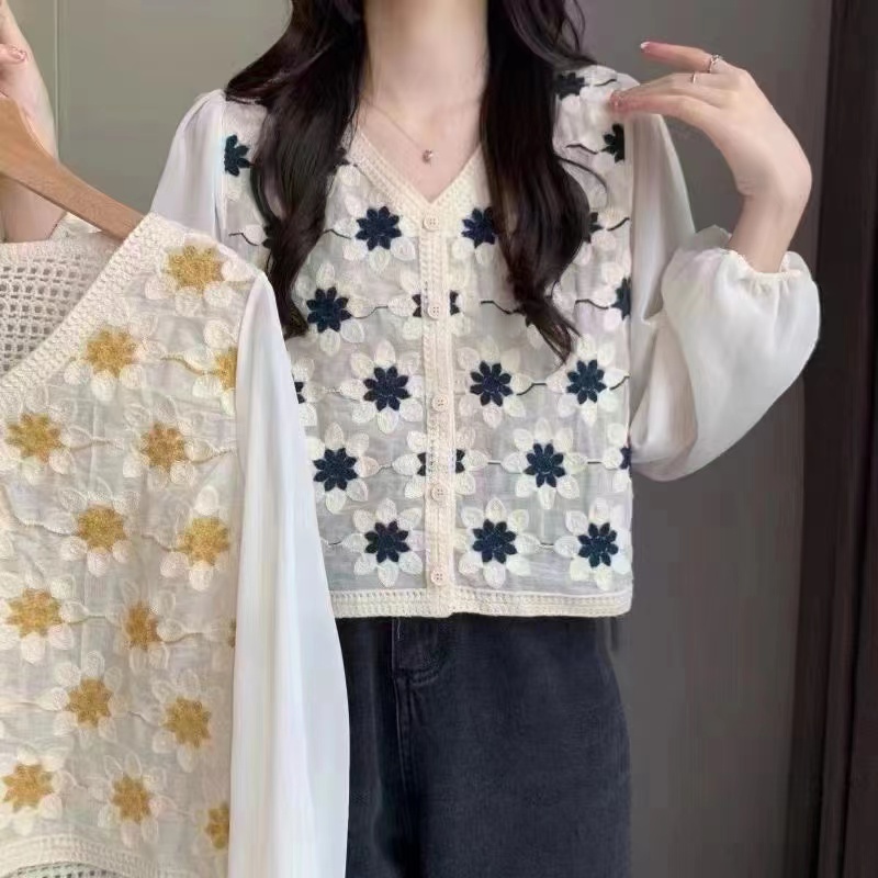 小清新夏季淑女純色短袖V領韓版百搭復古小眾針織面料
