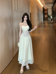 實拍性感氛圍感溫柔腰部鏤空蕾絲吊帶連衣裙女