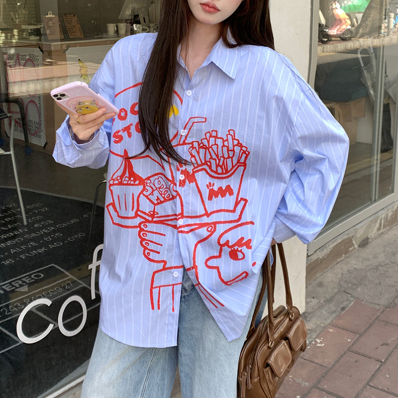 實拍 美式高街風別致長袖襯衫寬鬆設計感卡通印花休閒襯衣潮