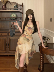 實拍性感不規則拼接復古玫瑰水墨印花魚尾吊帶裙雪紡連衣裙女