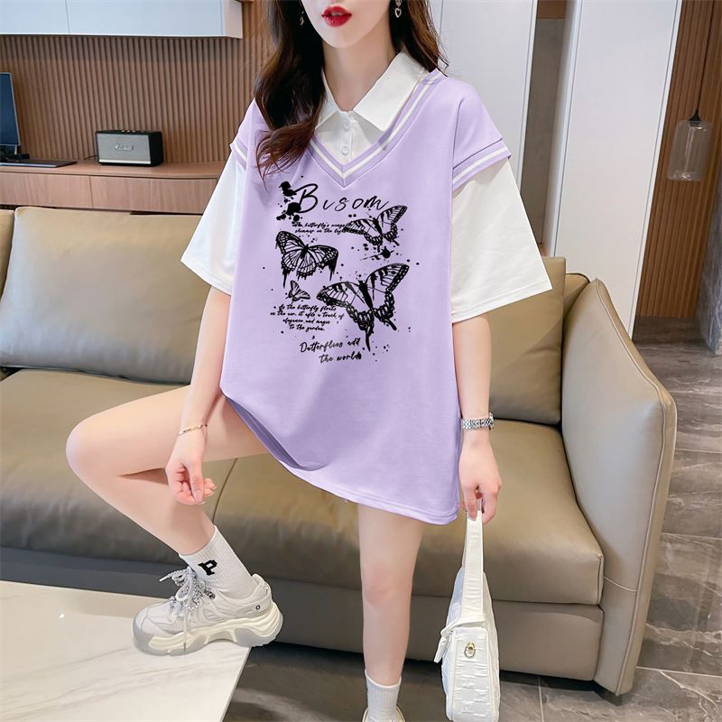 Real shot of polo neck fake two-piece T-shirt large-size women's new summer fashionable age-reducing loose short-sleeved top trendy